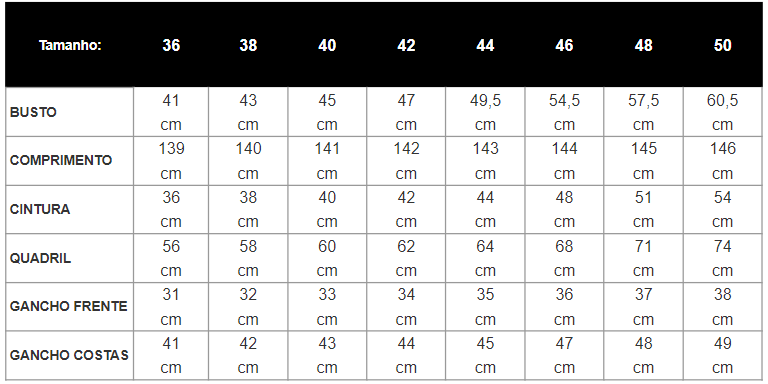 Tabela de Medidas